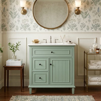 30" Freestanding Bathroom Vanity With Ceramic Sink, Modern Cabinet With 1 Flip Drawer, 2 Storage Drawers And Adjustable Shelf, 4 Colors