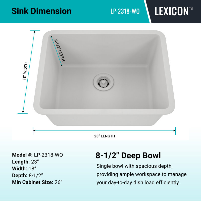 Lexicon Platinum 23" x 18" Single Bowl Quartz Kitchen Sink, Drop-In or Undermount, Granite Composite, White