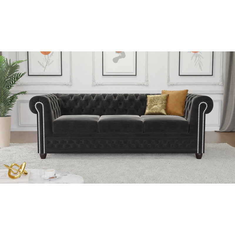 Chesterfield Hanna 3 Seater Sofa Made of Velvet Fabric with Solid Wood Legs, Black