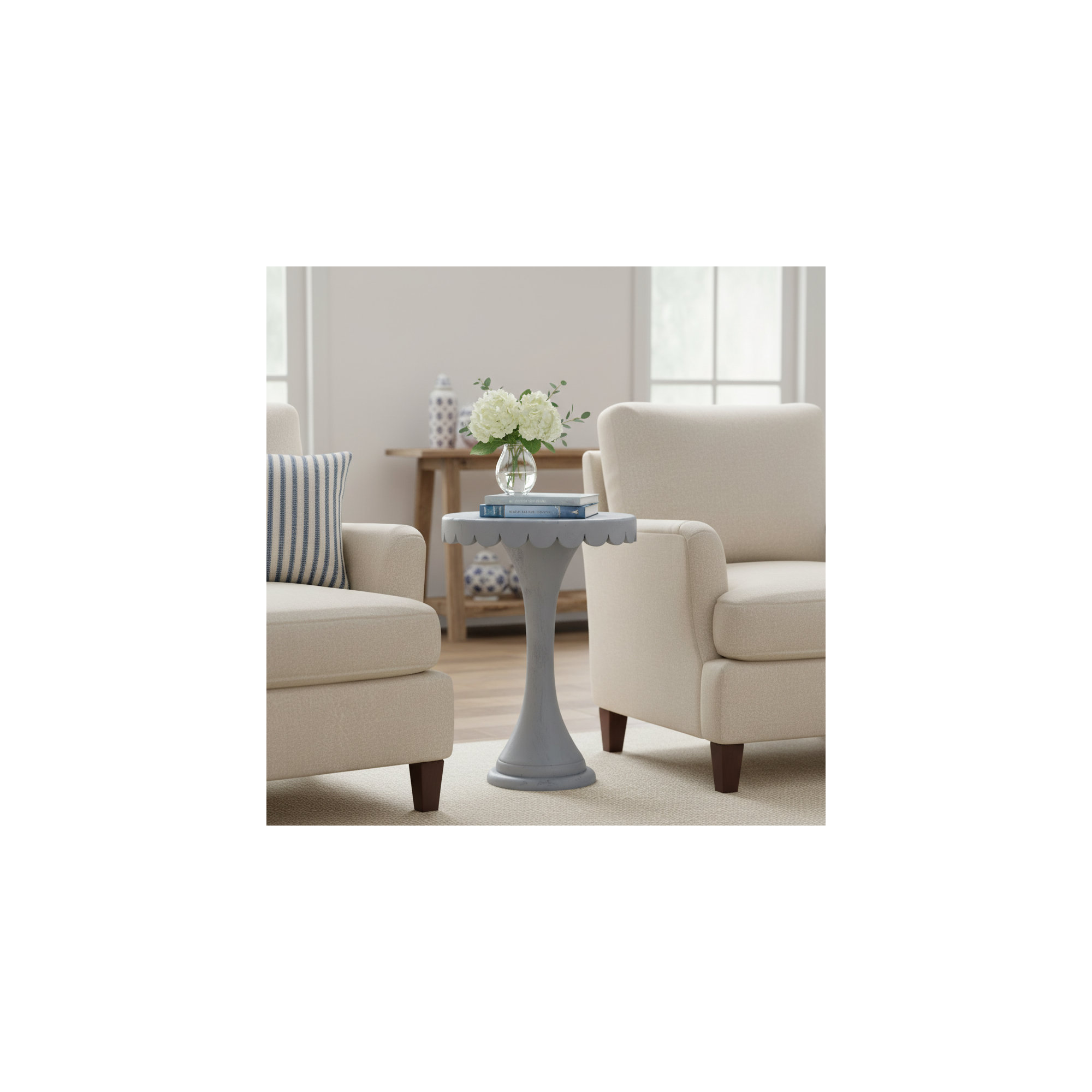 Linda Scalloped Round Drink Table, Light Blue