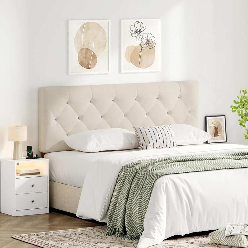 Tête de lit tapissier à hauteur ajustable, beige grand, Beige, Grand lit