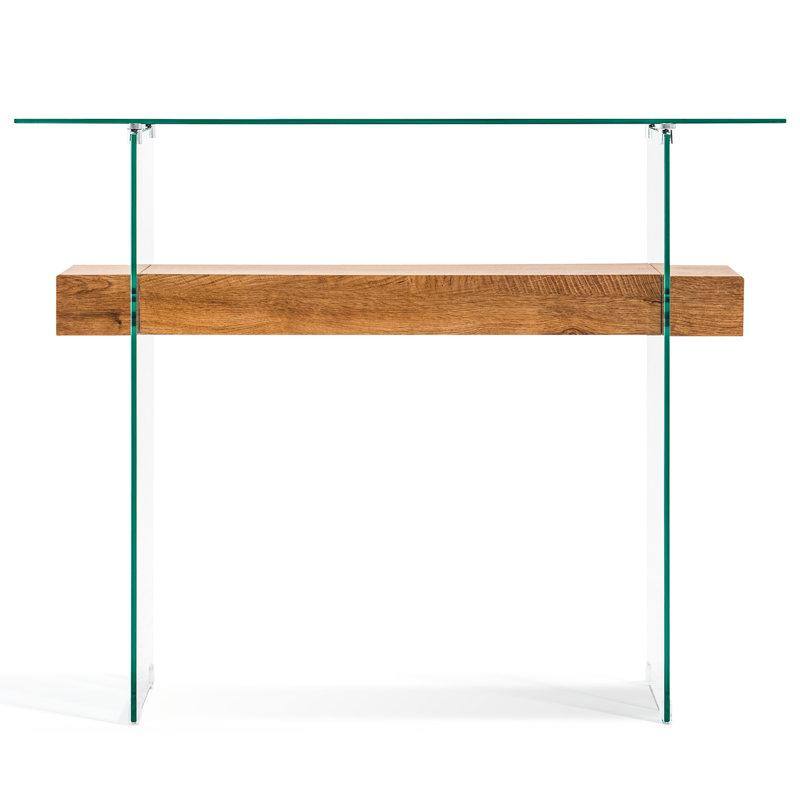 Console en verre trempé avec tablette, Chêne, H 31,5 po x l 39,4 po x P 13,8 po