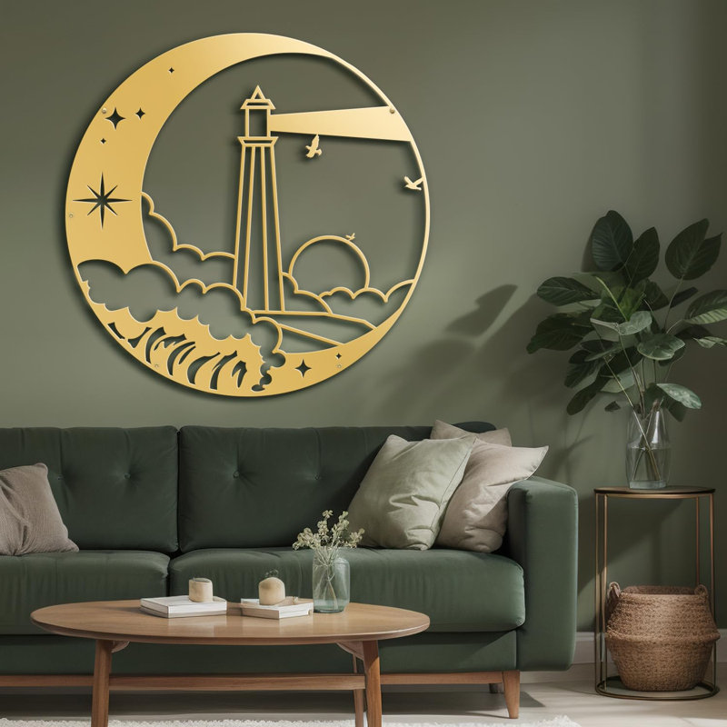 Décoration murale en métal abstrait phare sur les vagues, H 36 po x l 36 po x P 0,05 po, Or