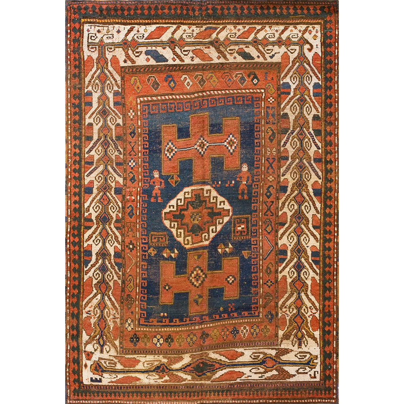 Blue Ground Tribal Geometric Figural Pattern Antique Caucasian Kazak Rug