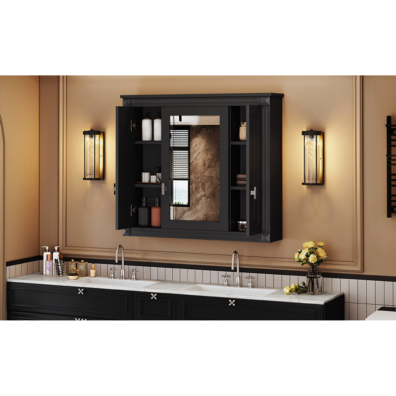 Armoire à miroir murale pour chambre à coucher, 5 tablettes, 3 portes, style moderne, imperméable, exquis, Noir