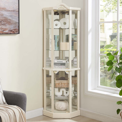Vitrine de coin vitrée éclairée avec tablettes réglables
