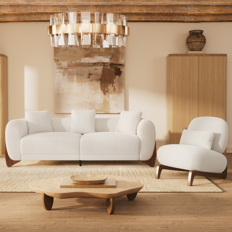 Modern Sherpa Sofa with Wood Wedge Legs, White