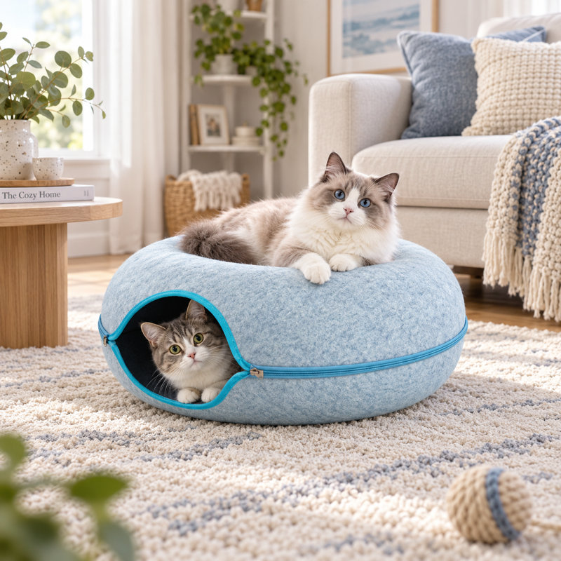 Grand lit tunnel pour chats d'intérieur, Bleu
