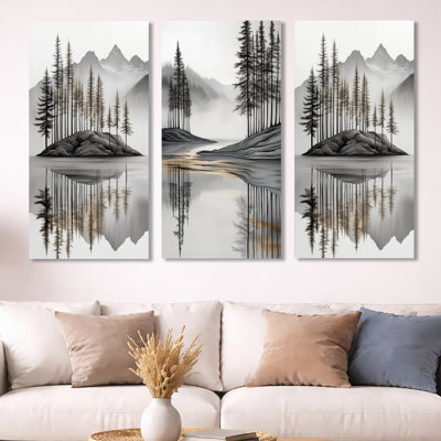 «Elegant Forest Island View II - Gray Mountain Lake», art mural en métal 3 pièces