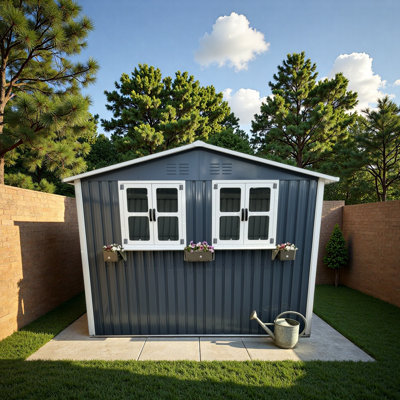 Remise de rangement extérieure en métal 6 pi x 9 pi avec fenêtre et support à fleurs, remise à outils verrouillable à deux portes, remise de jardin imperméable et résistante aux intempéries