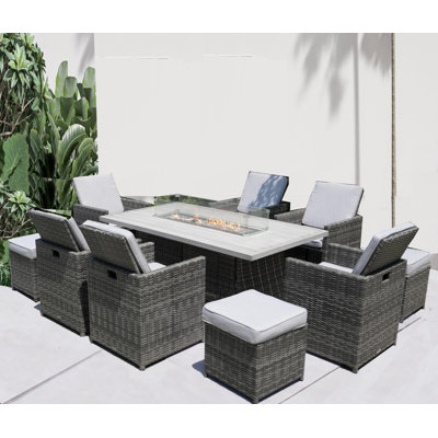 Alseepa Rectangular 10 - Person Aluminum Fire Pit Table Dining Set with Cushions