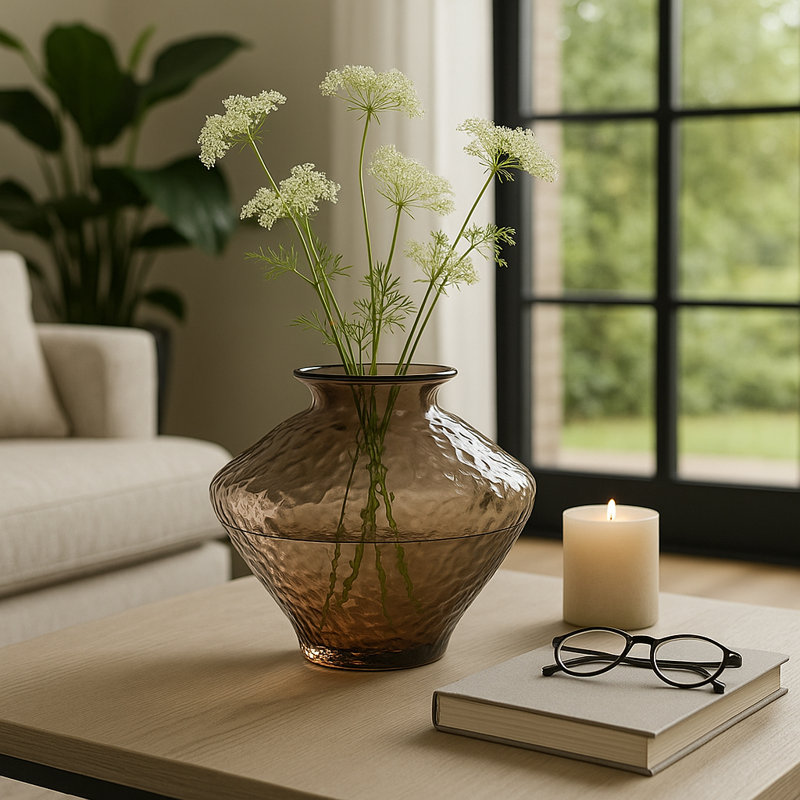 Contemporary Textured Glass Vase For Home Decor - Decorative Flower Vase Perfect For Table Centerpiece, Entryway, And Living Room Decor - 10",  Brown