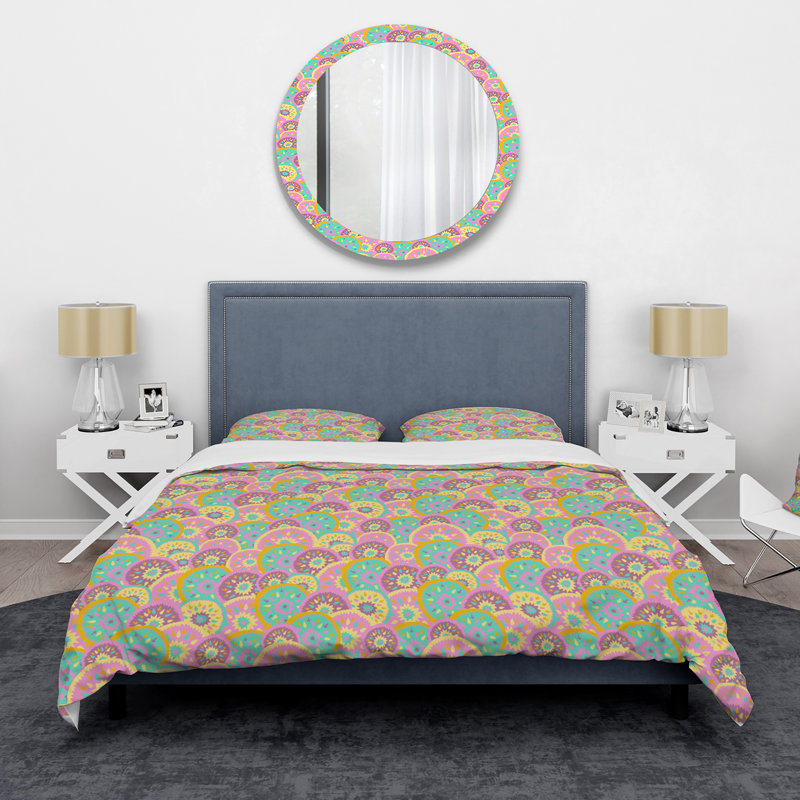 Circulaire pastel rose et vert - ensemble de housse de couette moderne - microfibre de polyester