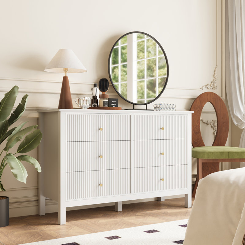 Modern Fluted 6 Drawer Dresser, White