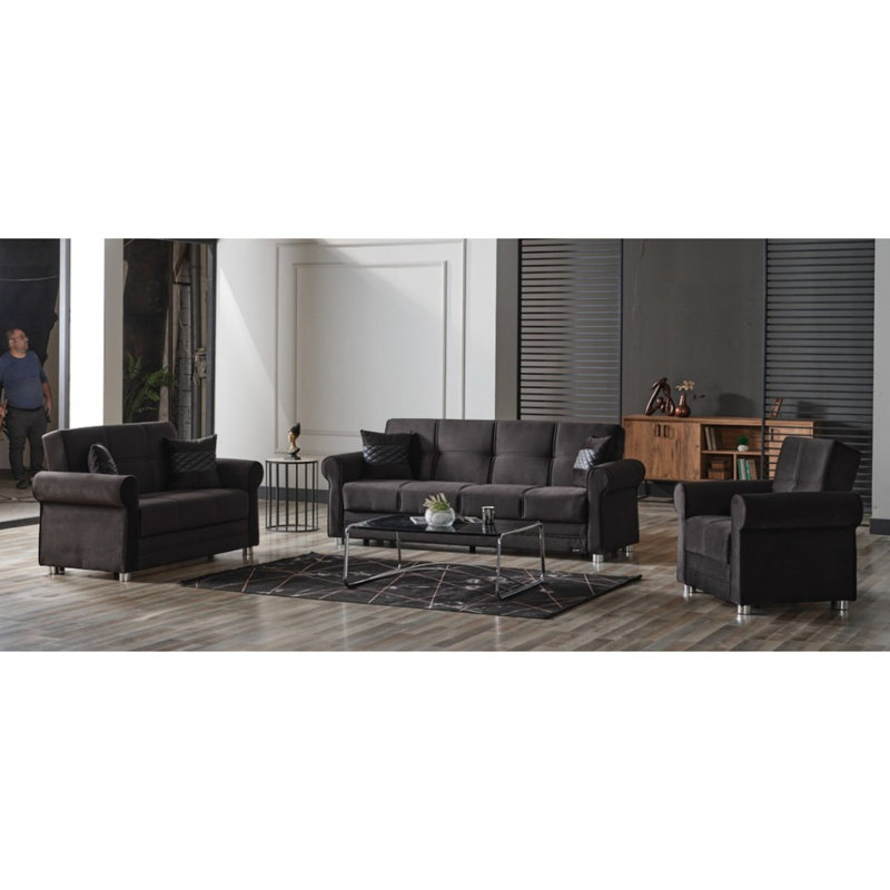 Sara Fabric Upholstered 3-in-1 Sleeper Sofa Bed with Storage, Dark Gray Microfiber, 36.61"H x 87.79"W x 33.46"D