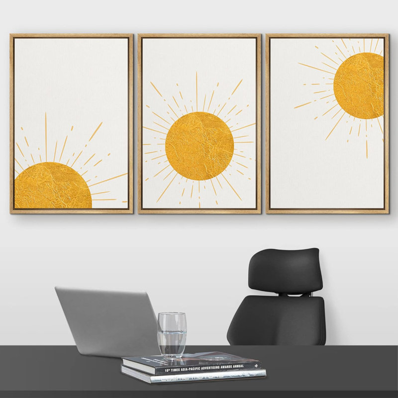 «Shining Yellow Rising Sun Phases Nature Wilderness on Canvas», reproduction de 3 pièces, H 36 po x l 72 po x P 1,5 po