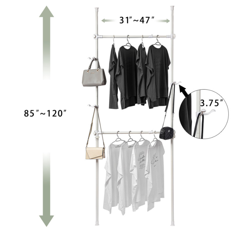 Telescopic Garment Rack, Heavy Duty Design Movable DIY By Hand No Damage To Wall Ceiling Hanging Rail, 31-47In Wide Adjustable, 120 Kilogram Loading, Reach Hook Included