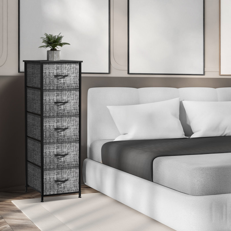Sorbus Narrow 5 Drawers Nightstand - Steel Frame, Wood Top, Fabric Bins - Gray/Black, Gray/Black