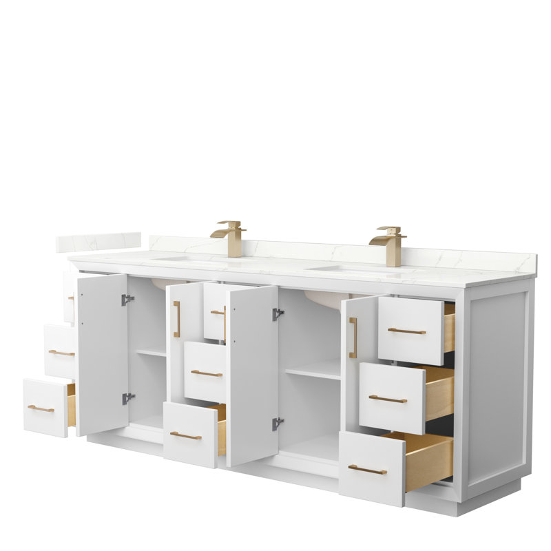 Strada 84'' Double Bathroom Vanity with Quartz Top, Satin Bronze, White, Giotto Quartz