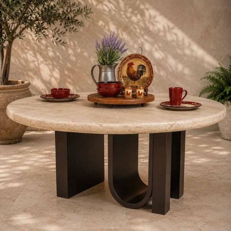 Chiseled Cream Travertine Dining Table | Wrought Iron Base, Outdoor Patio Furniture