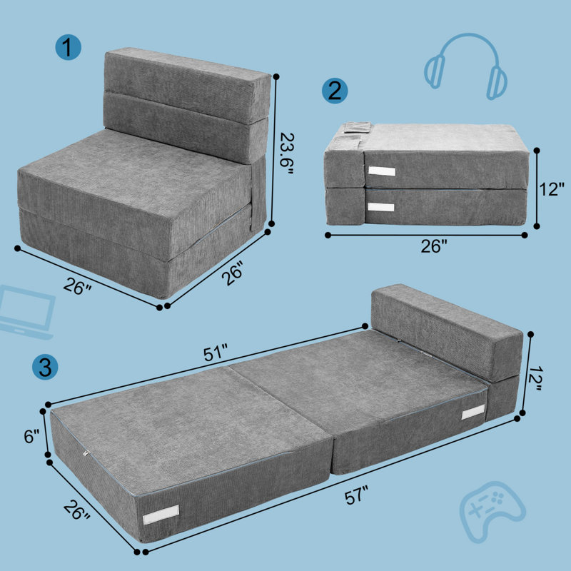 Portable 3-In-1 Kids Fold Out Chair, Convertible Toddler Sofa to Lounger, Washable, for Playroom/Nap, Gray