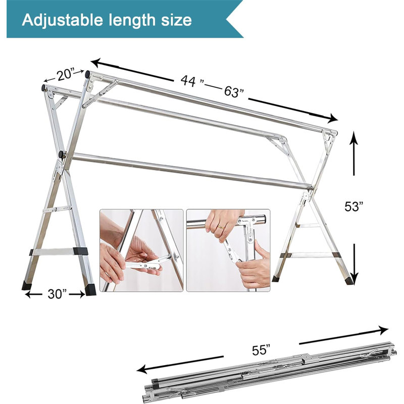 Heavy Duty Stainless Steel Drying Rack - Adjustable Length, 20 Hooks, 53" H x 30" W x 63" D