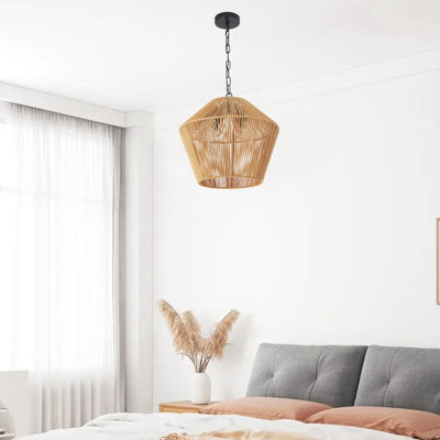 Luminaire suspendu en corde de chanvre de 17 po - suspendu artisanal pour îlot de cuisine, salle à manger, finition naturelle de chambre à coucher, fer à hauteur réglable et lampe décorative tissée à la main