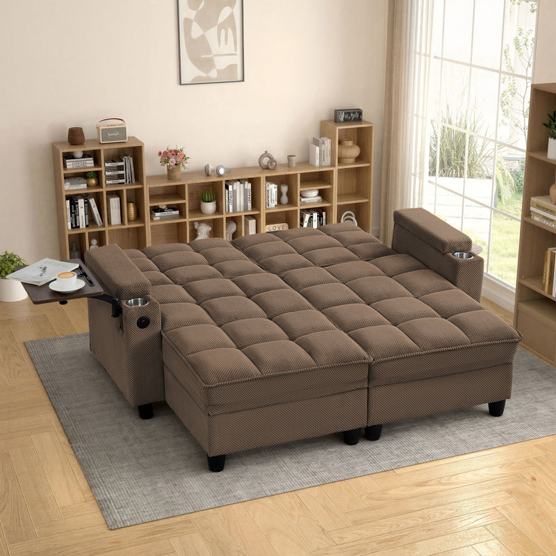 Canapé convertible pour chaise longue avec USB et Type-C, 2 porte-gobelets, table d'appoint, rangement sous le siège et accoudoirs de rangement