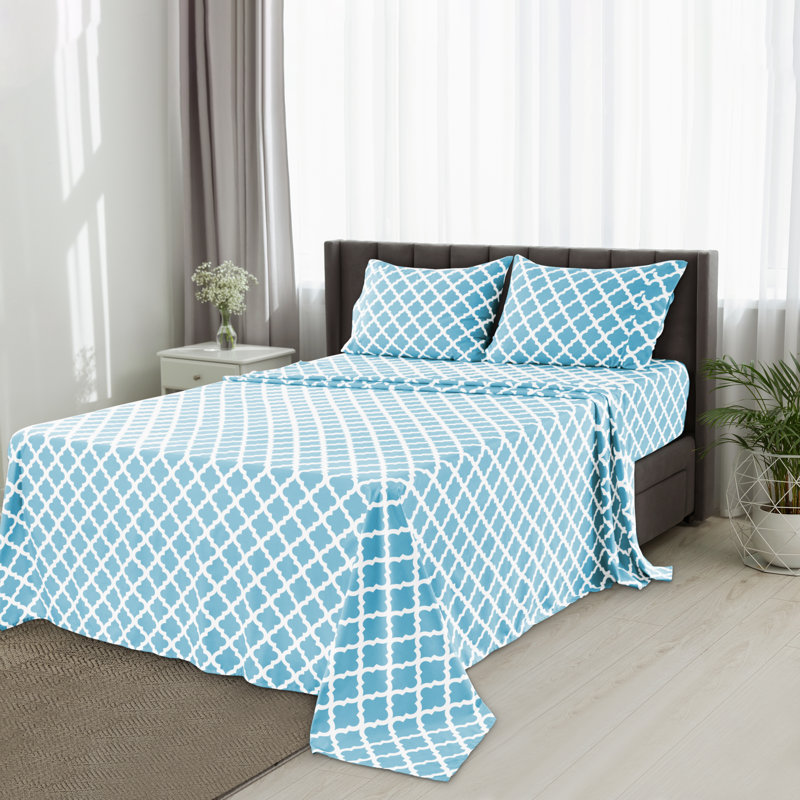 Lux Decor Collection 4 Pc Soft Microfiber Bed Sheets Set Geometric Quatrefoil Bedding, Full Sheet Set with 2 Pillowcases