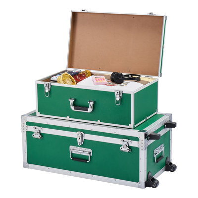 Coffre de rangement en métal, ensemble de 2 boîtes de rangement en bois avec cadenas, grand coffre comprenant des roulettes et 3 poignées en métal, coffre de rangement décoratif avec couvercles pour le voyage, appartement, dortoir, vert