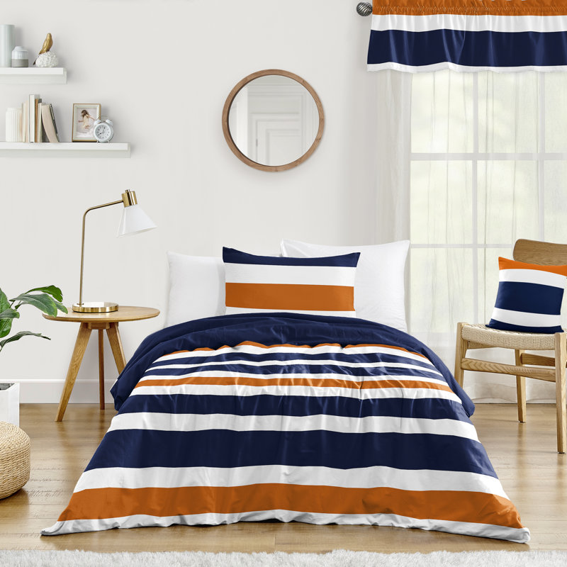 Stripe Comforter Set, Twin Comforter + 3 Additional Pieces, Navy Blue/Orange/White
