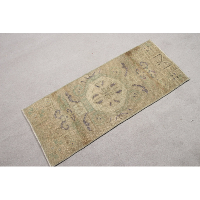 Vintage Green Small Turkish Anatolian Rug for Home Decor: Perfect as an Elegant Door Mat with Retro Wool Interior Design Elements