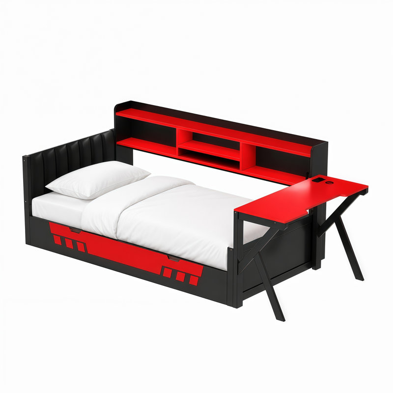 Lit de jeu double Vanta en bois avec bureau, étagères de rangement, éclairage DEL et station de recharge, Lit simple