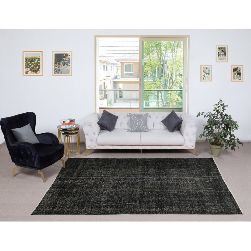 Tapis turc noir moderne pour la chambre à coucher 6x9,8 pi. Tapis vintage en laine fait à la main pour le salon