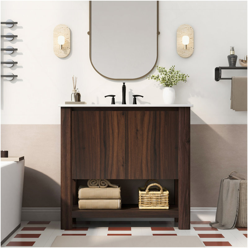 Meuble-lavabo moderne de 36 po avec lavabo rectangulaire en céramique, armoire de salle de bain avec grand espace de rangement et portes à fermeture en douceur à 45 degrés, 1 tablette ouverte en bas, brun foncé