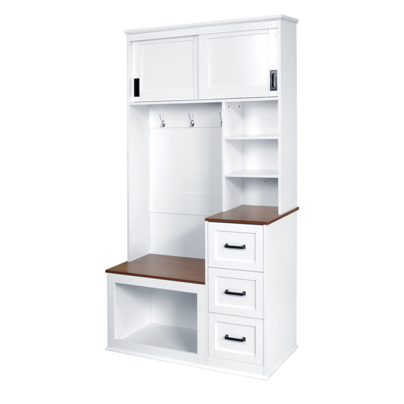 U-Can Modern Entryway Bench with Coat Rack, 3 Shelves and Drawers, 3 Sturdy Hooks, 40.2'' Wide Hall Tree with Storage Bench for Hallway, Entryway, Living Room
