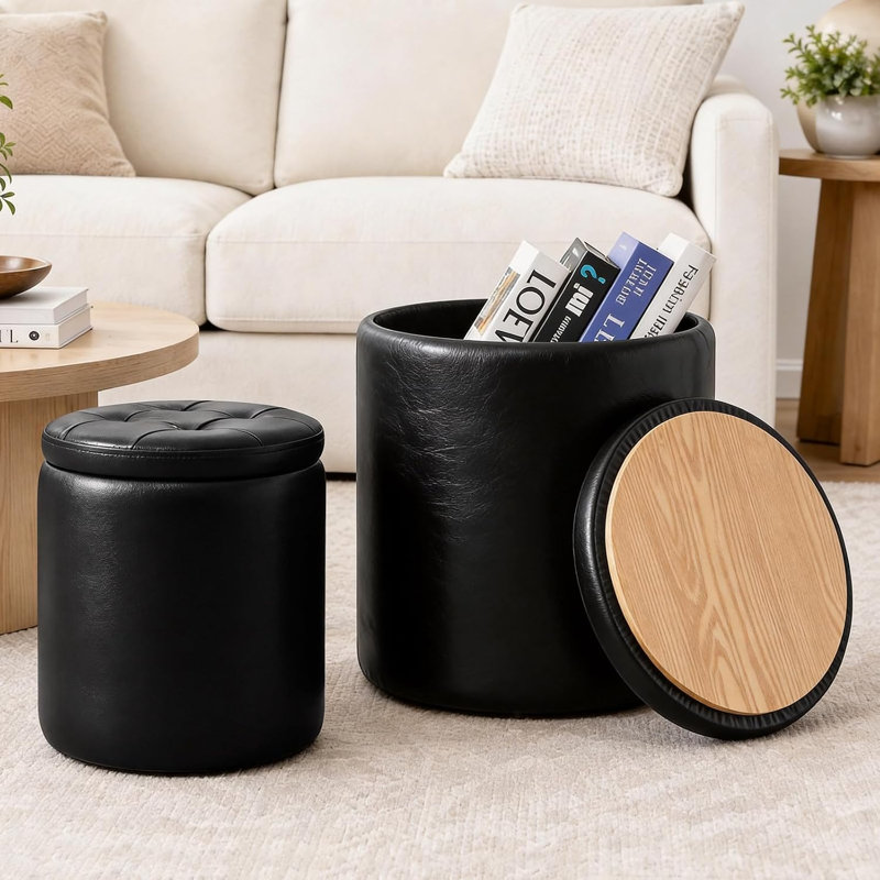 Repose-pieds en cuir avec repose-pieds rond et rangement pour le salon