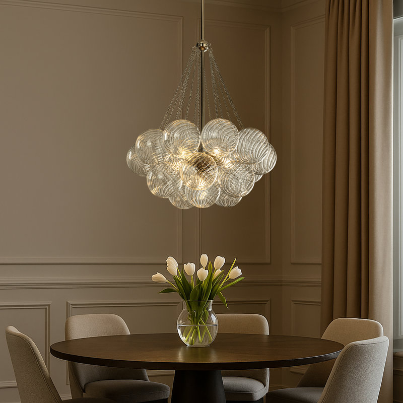 27'' Modern Glam Cluster Chandelier 6 Lights Pendant With Hand Blown Textured Glass Globes And Chrome Finish For Dining Room And Foyer