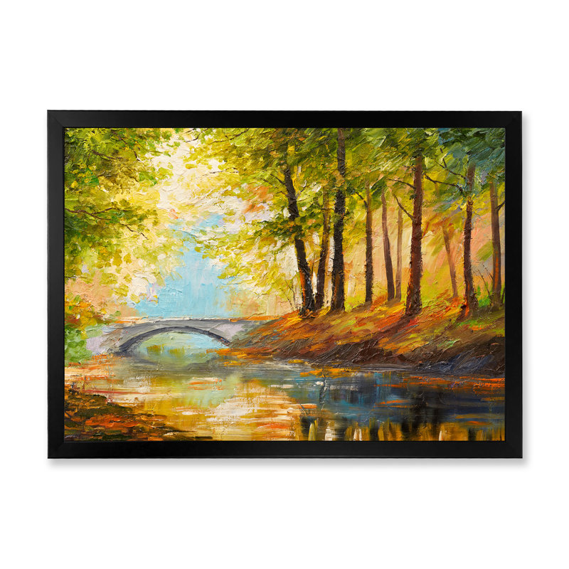 «Bridge In Autumn Forest II», reproduction sur toile flottante, Impression noire sur toile encadrée
