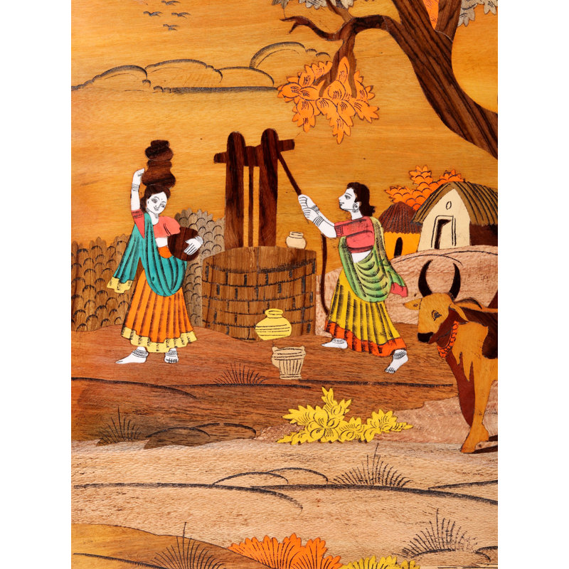 Large Hand-Carved Rural Life 3D Wood Inlay Wall Art, 36-Inch for Rustic and Farmhouse Decor