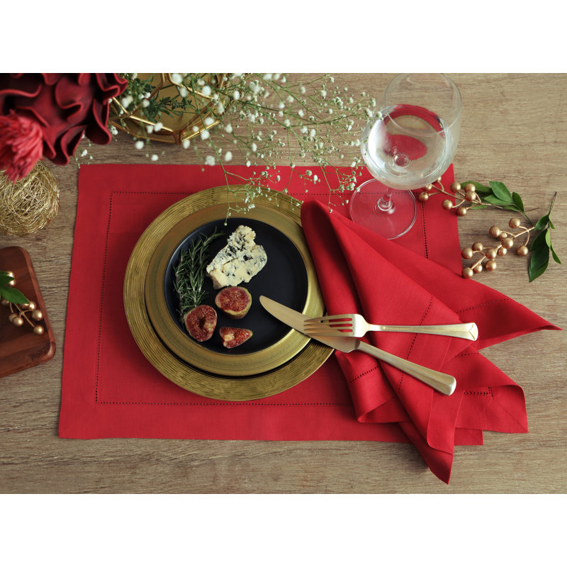 100% Pure Linen Hemstitch Dinner Napkins - Classic Hemstitch, Red