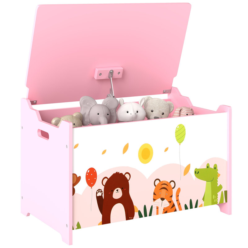 Coffre de rangement pour enfants avec charnières de sécurité et couvercle rabattable, rose