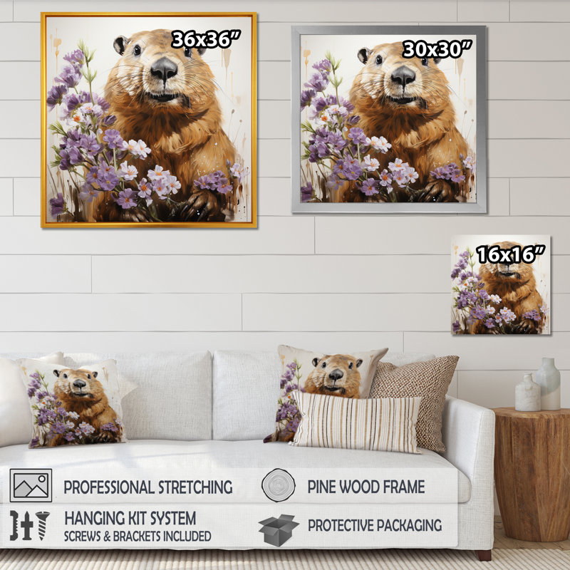 «Brown Tranquil Wetland Beaver Blooms», art mural animaux, Cadre simple noir, H 16 po x l 16 po x P 1 po