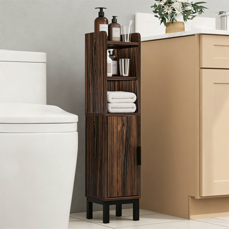 Walnut Corner Toilet Paper Storage Cabinet With Adjustable Shelves, Walnut/Black