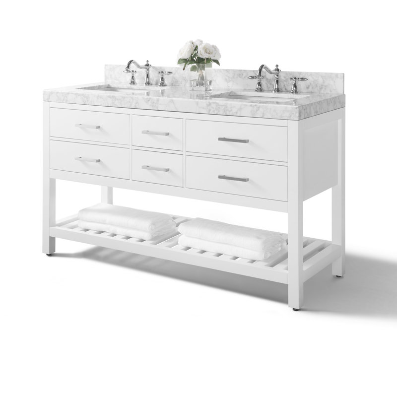 Elizabeth 60'' W Double Vanity, White/Brushed Nickel, Carrara White Marble