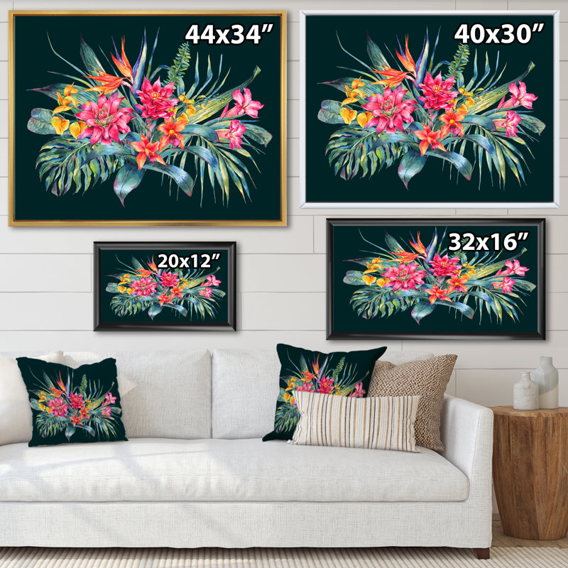 Fleur tropicale rouge et orange sur fond noir III - Peinture sur toile, H 17 po x l 33 po, Cadre noir