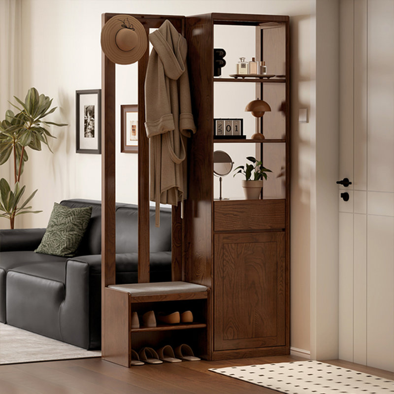 Armoire de séparation 74,8 "H en bois massif minimaliste moderne, console de rangement pour chaussures tout-en-un avec banc à chaussures et crochets à manteau pour le salon