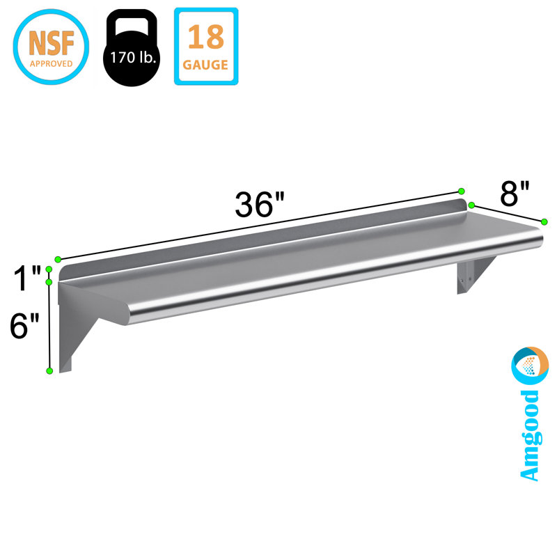 36-Inch Stainless Steel Wall Shelf with Brackets