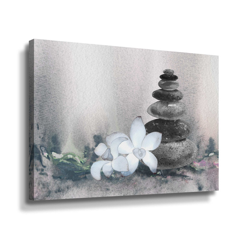 «Meditation Calm Peaceful Zen Rocks Cairn with White Orchid Flowers» par Irina Sztukowski, H 14 po x l 18 po x P 2 po
