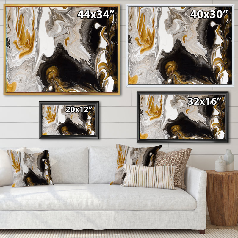 Or et vagues de marbre noir II - peinture sur toile, H 24 po x l 32 po, Cadre flottant en érable